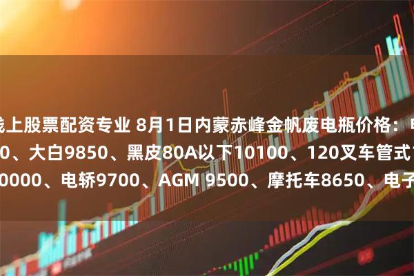 线上股票配资专业 8月1日内蒙赤峰金帆废电瓶价格：电动9850、电信9350、大白9850、黑皮80A以下10100、120叉车管式10000、电轿9700、AGM 9500、摩托车8650、电子秤6050。（单位：元/吨）